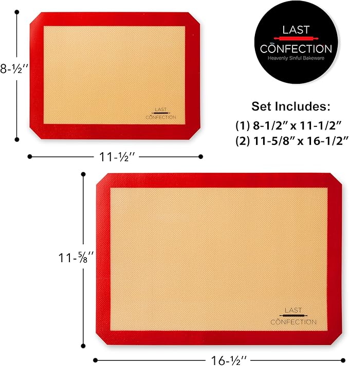 Last Confection Silicone Baking Mat - Set of 3 Non-Stick Professional Food Safe Tray Pan Liners - 2 Half Sheet (11-5/8" x 16-1/2") 1 Quarter Sheet (8-1/2" x 11-1/2")