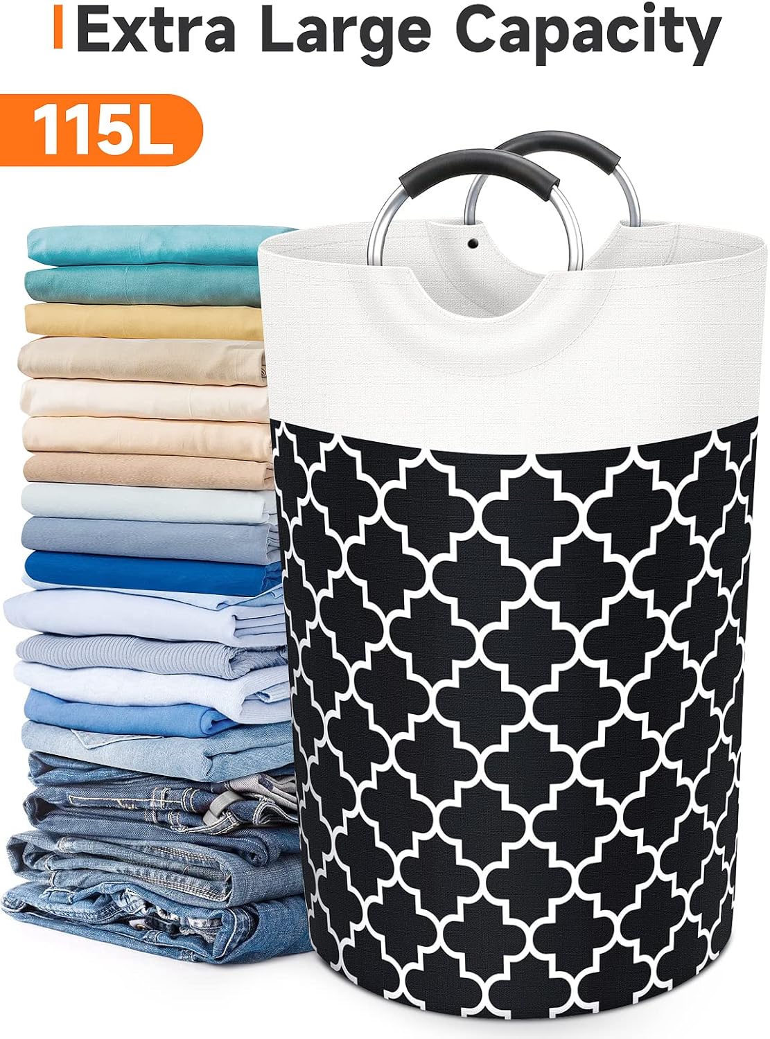 Large Laundry Basket Laundry Hamper Bag Washing Bin Clothes Bag Collapsible Tall With Handles Waterproof Travel Bathroom College Essentials Storage For College Dorm, Family (Black)115L