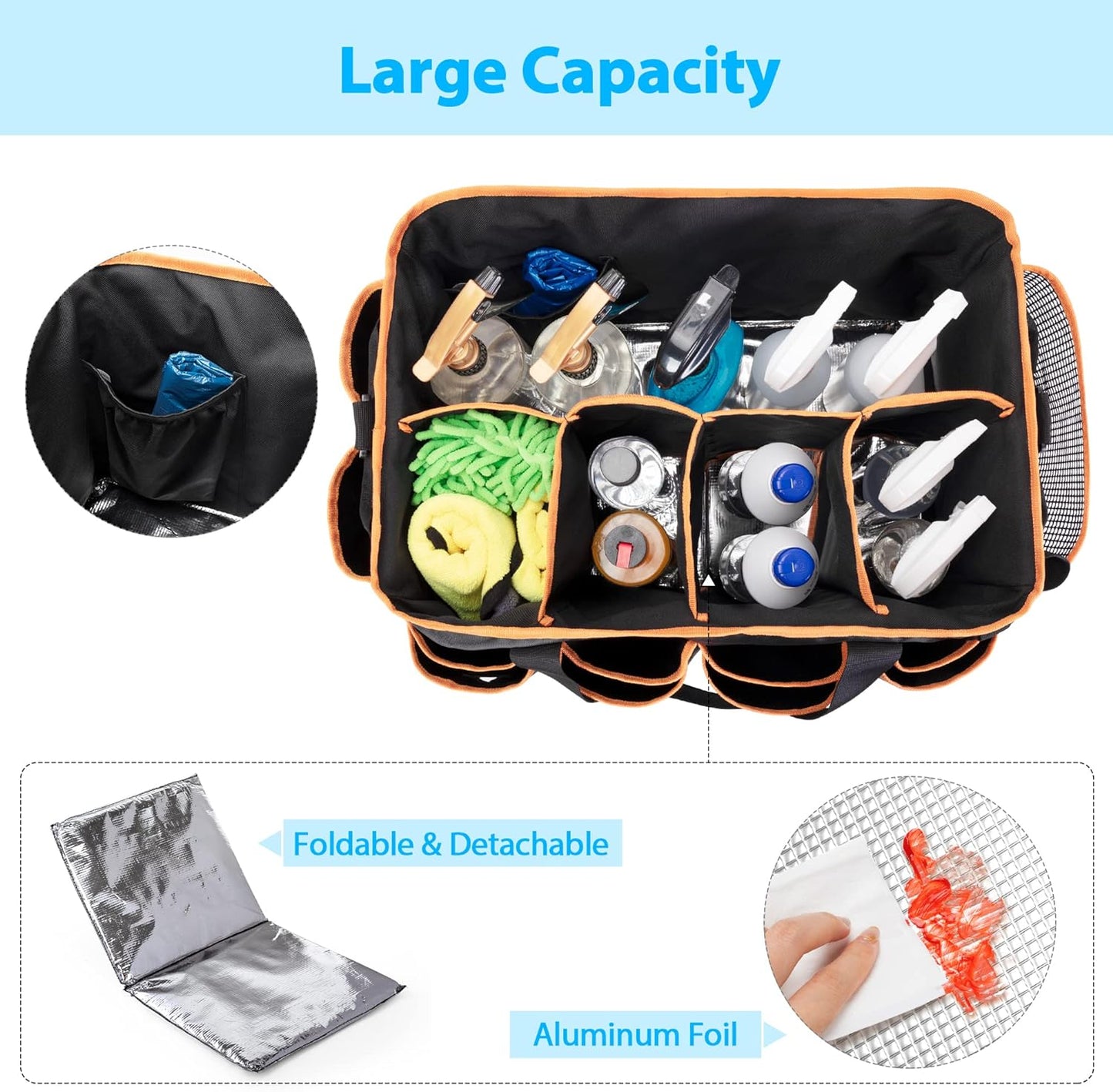 Extra-large Wearable Cleaning Caddy, Organizer Bag for Housekeeper with Pad, Handle & Divider, Car Wash Tools Bag for Detailing Supplies, Orange Edge