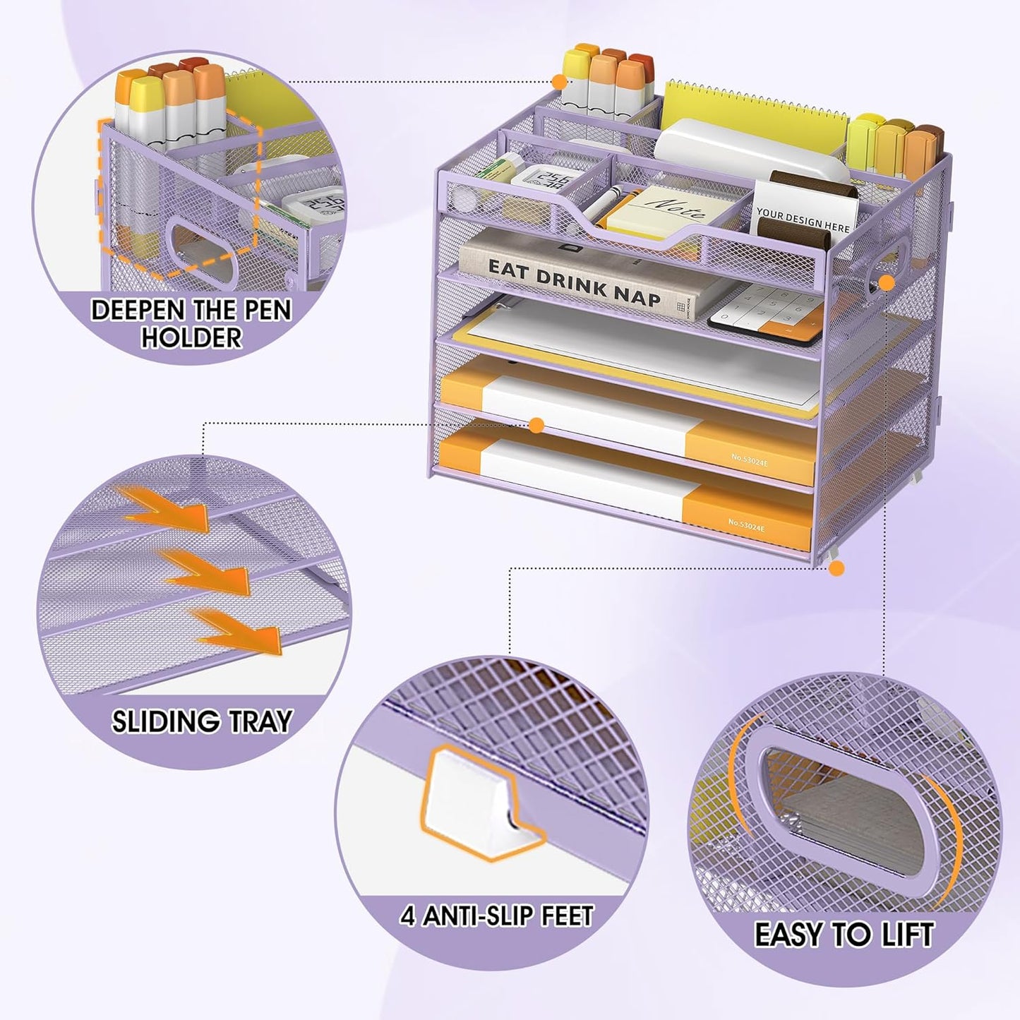 5 Tier Paper Letter Tray with 3 Drop-in Pen Holders, Mesh Desk File Organizer with Handle, Desk Organizers and Accessories for School,Home, Office Supplies Storage-Purple