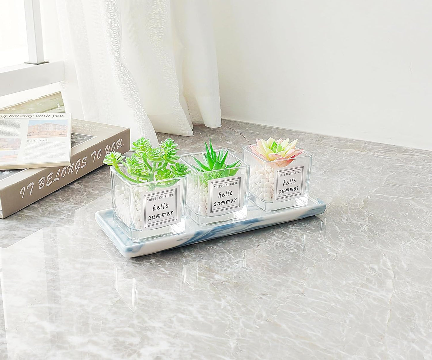 9.2" Porcelain Small Bathroom Tray, Ceramic Countertop and Vanity Tray for Cosmetics, Perfume, Jewelry, Candle - Soap Tray for Kitchen Counter (Blue)