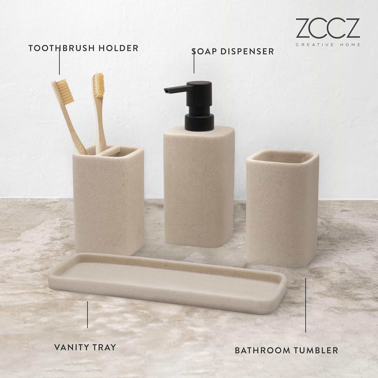 ZCCZ Beige Bathroom Accessory Sets, 4 Pieces Bathroom Accessories Complete Set Vanity Countertop Accessory Set, Includes Lotion Dispenser Soap Pump, Tumbler, Toothbrush Holder and Tray