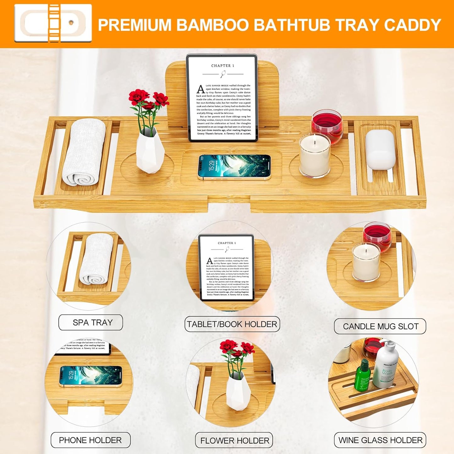 Bathtub Tray Caddy - Bath Tray - Bath Tub Tray Caddy - Bamboo Bath Table Tray for Tub - Expandable Size, Fits Most Tubs