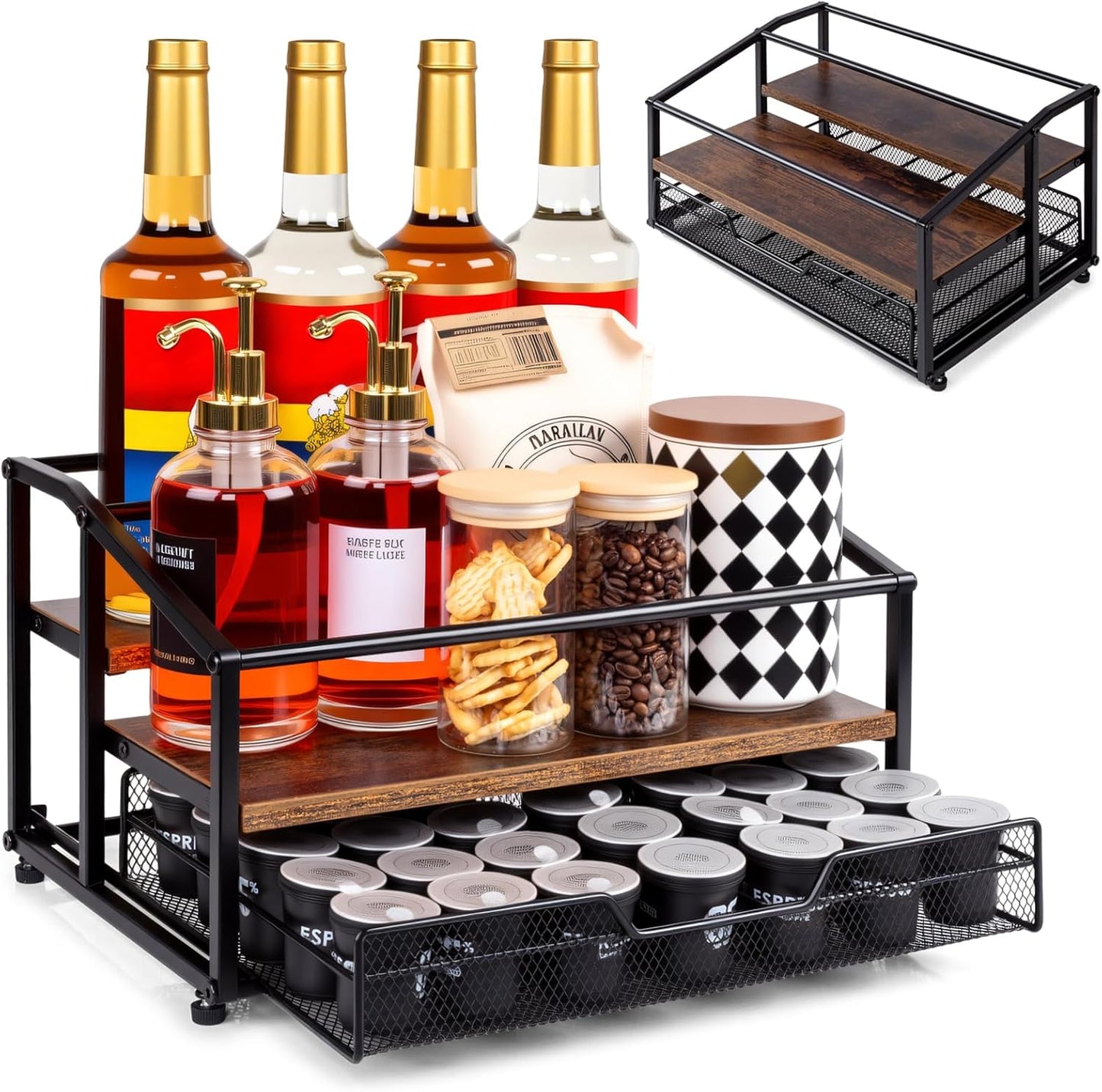 Coffee Syrup Rack Organizer, 3-Tier 8 Bottle Syrup Rack with 35 K Cup Drawer for Coffee Bar, Countertop Bottle Holder Stand for Dressing for Kitchen Cafe Station
