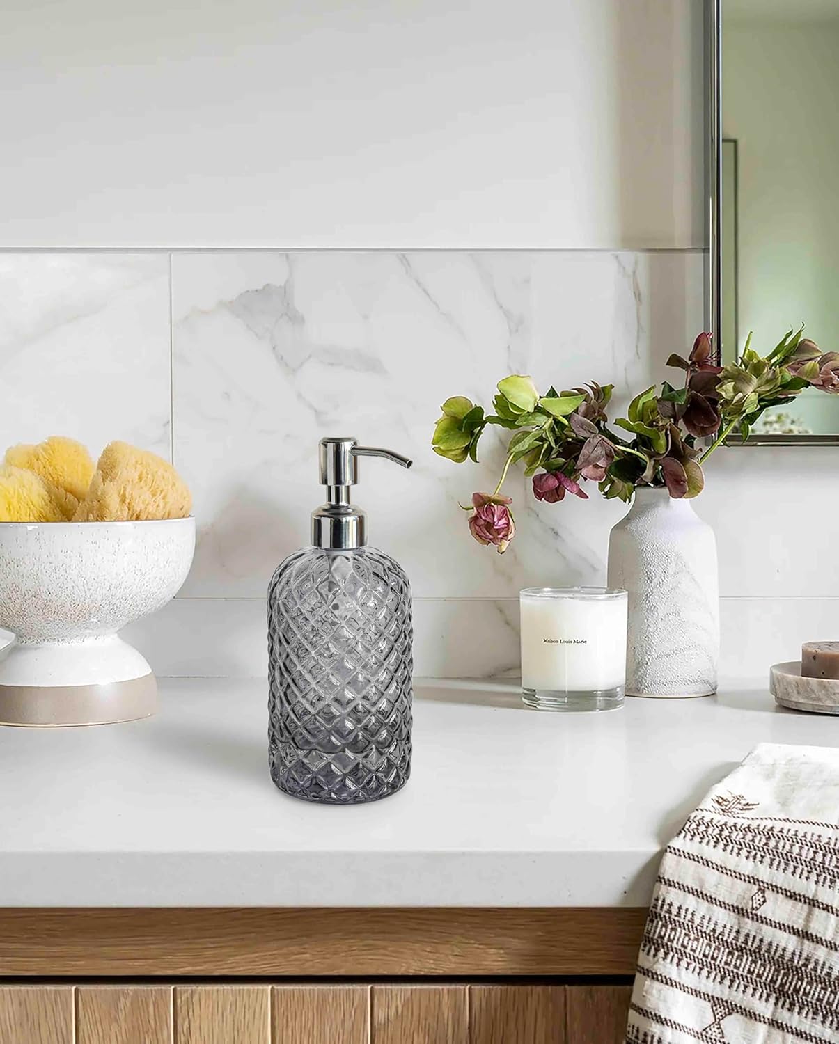 JASAI 18Oz Gray Glass Soap Dispenser with Rust Proof Pump, Refillable Kitchen soap Dispenser for Dish Soap, Bathroom Soap Dispenser for Dispense Hand soap, Lotion.