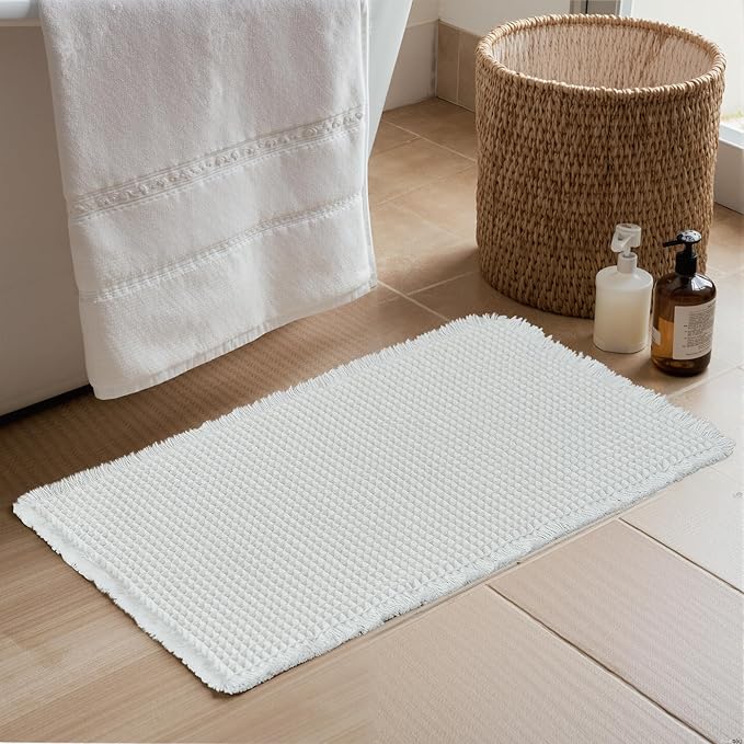 KGORGE Non Slip Waffle Bath Mat - Super Absorbent Quick Dry Soft Washable Small Bathroom Rugs with Tassels for Bathroom Floor Shower Tub Hotel Kitchen Entryway, Pure White, 18" W x 30" L, 1 Piece