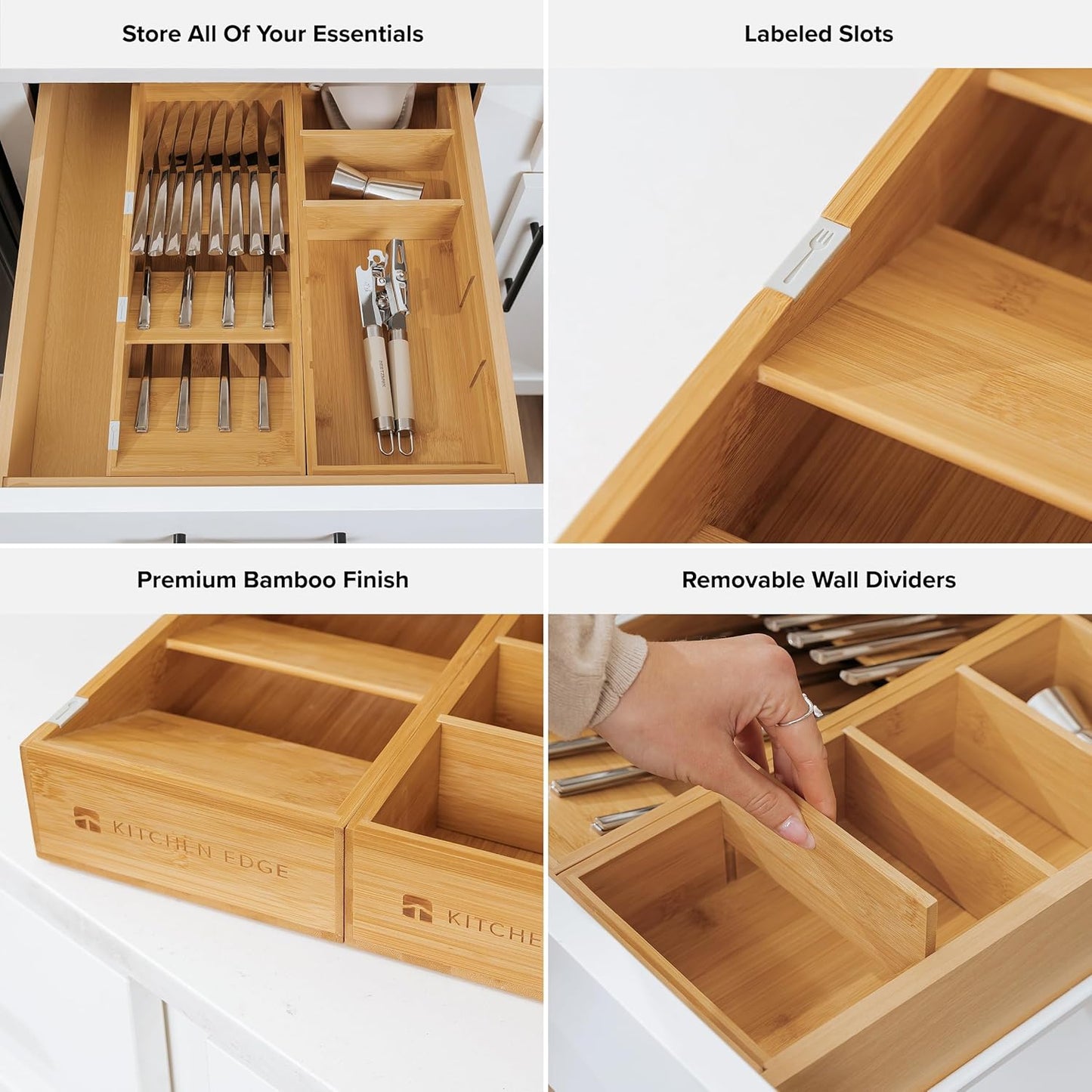 KitchenEdge Premium Silverware and Utensil Drawer Organizers – Slanted 3-Compartment and 5-Compartment Design, Labeled Slots, Non-Slip Feet, 100% Sustainable Bamboo, 2 Pack