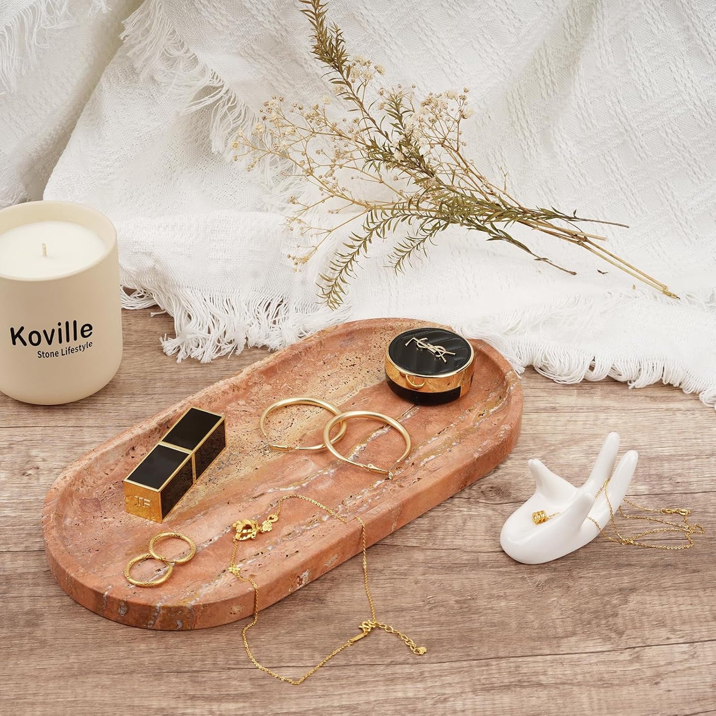 Koville Turkish Natural Travertine Tray, 12"x6" Vanity Decorative Marble Wabi Sabi Decor for Home, Countertop Organizer, Catchall for Perfume, Candles, Jewelry Dish