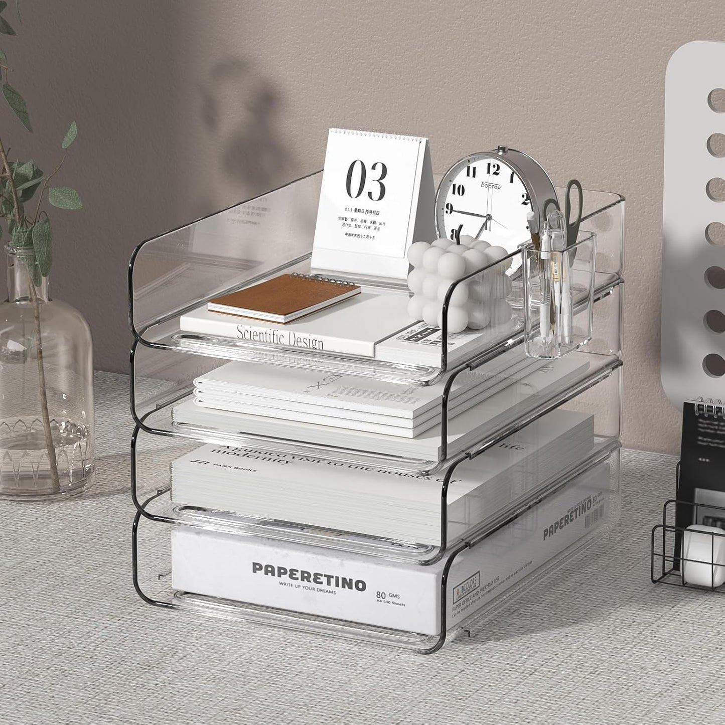 4-Tier Acrylic Paper Tray Organizer with Pen Holder | Clear Stackable Desk Organizer for Documents, Letters, A4 Paper | Modern Office/Classroom/Home Organization