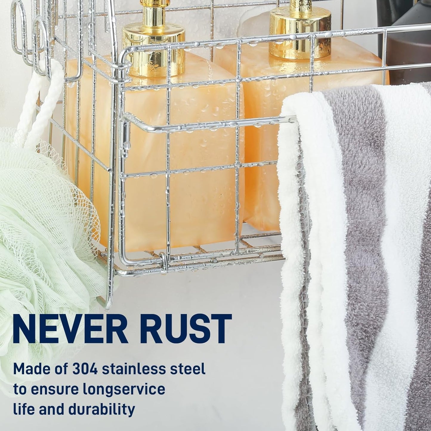 Hanging Shower Organizer, Shower Caddy Hanging, Bathroom Storage Rack with Hooks Over the Door, Stainless Steel Rustproof Bathroom Basket Shelf for Bath Faucet or Cross Bar