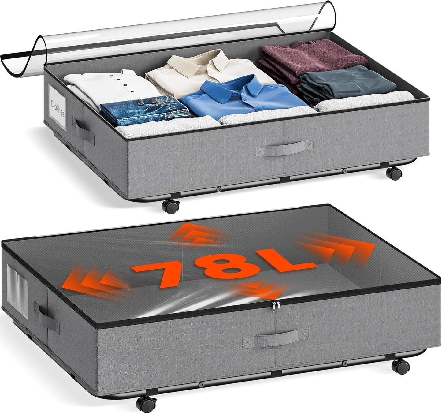 XXXL 78L Under Bed Storage with Wheels, Rolling Storage Containers with Support & Clear Lid, Heavy-Duty Metal Frame, Easy Pull-out, Underbed Storage Bins for Clothes, Shoes, Blankets, and Toys 2 pack