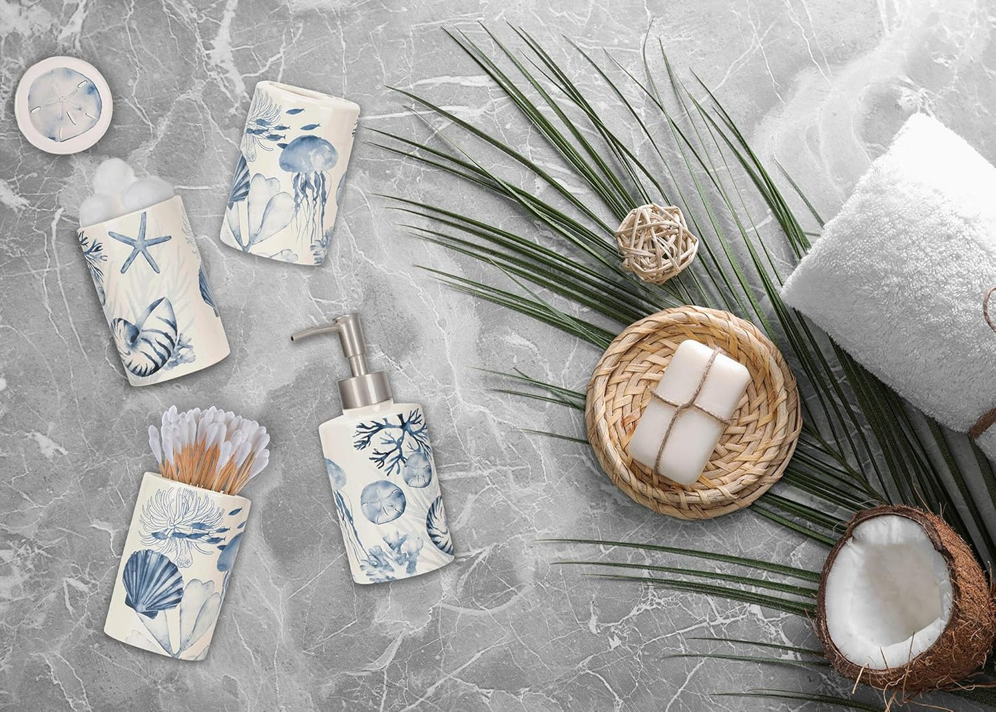 NAT & Jules Chic Modern Rounded 4.5 inch Ceramic Bathroom Accessories Set of 4 - Home Décor & Organization Perfect for Bath or Kitchen Household Essentials, Beach Nautical Blue & White