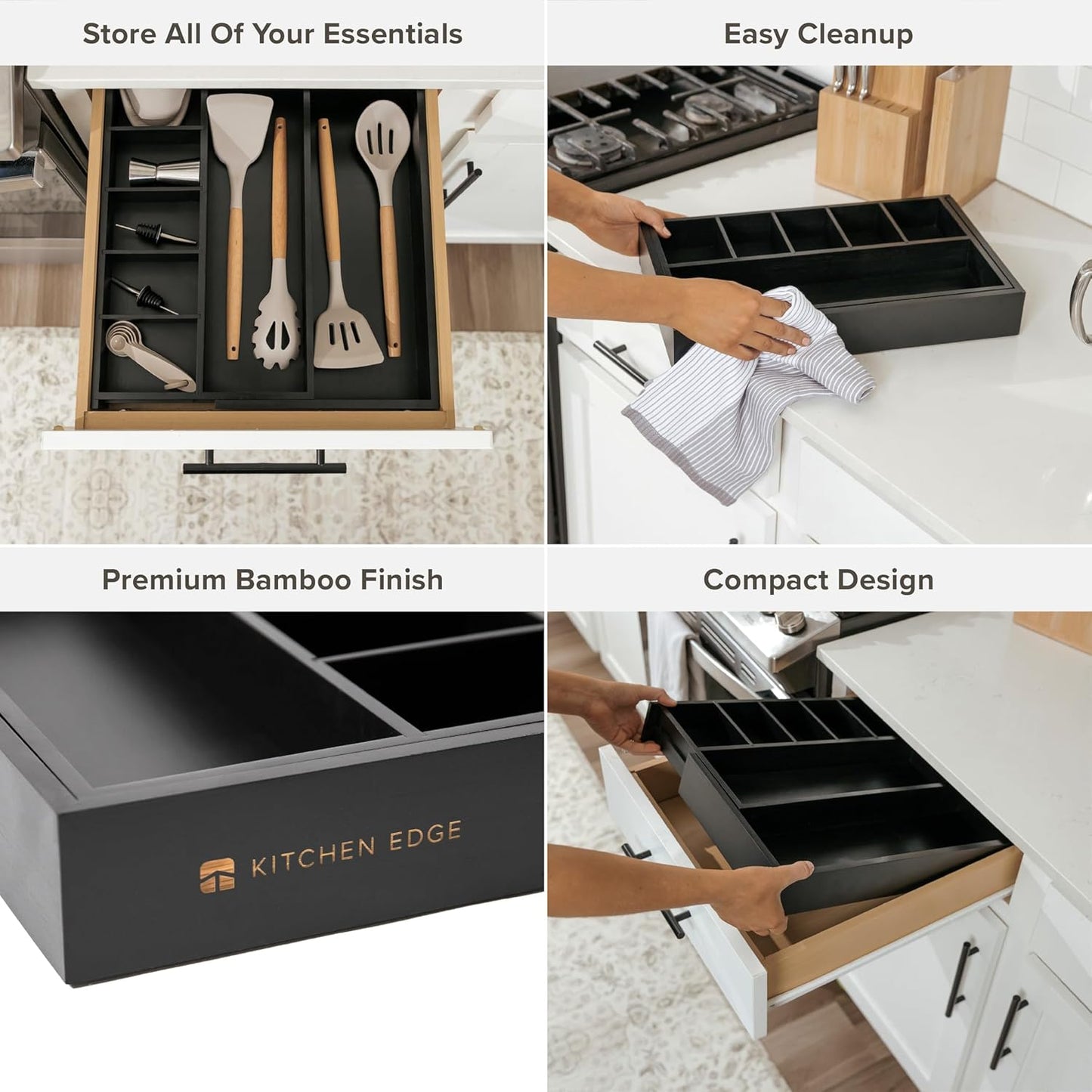 KitchenEdge Adjustable Kitchen Drawer Organizer for Utensils and Junk, Food-Safe Contract Grade with 100% Sustainable Wood, Expandable from 10.5 to 19 Inches Wide - Black Bamboo