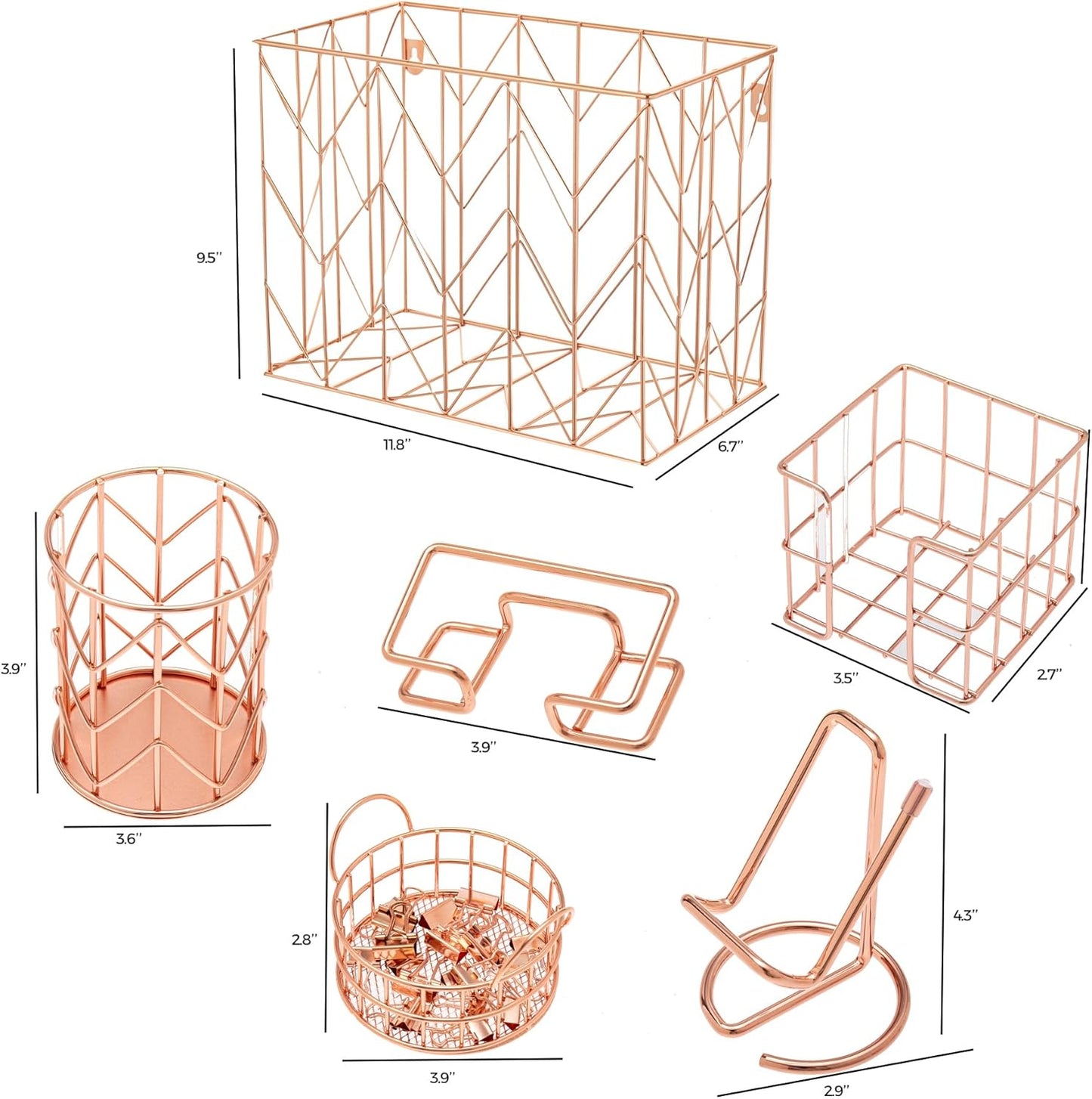 Hanging Rose Gold File Organizer, equipped with a 6-piece set of rose gold desktop accessories