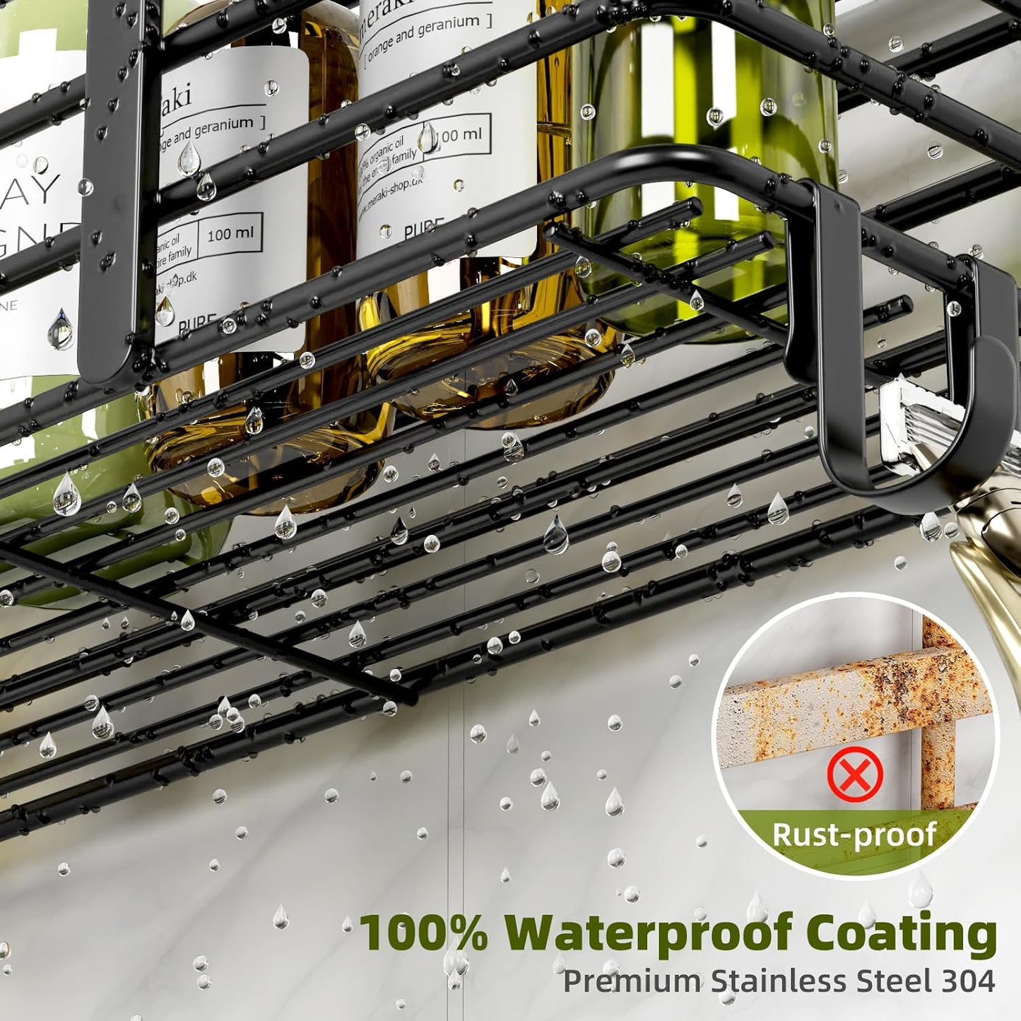 Shower Caddy, Adhesive Shower Organizer with Soap Dish and 4 Hooks, Rustproof Stainless Steel Shower Shelves, Wall Mounted No Drilling Storage Shelf Basket Accessories for Bathroom & Kitchen