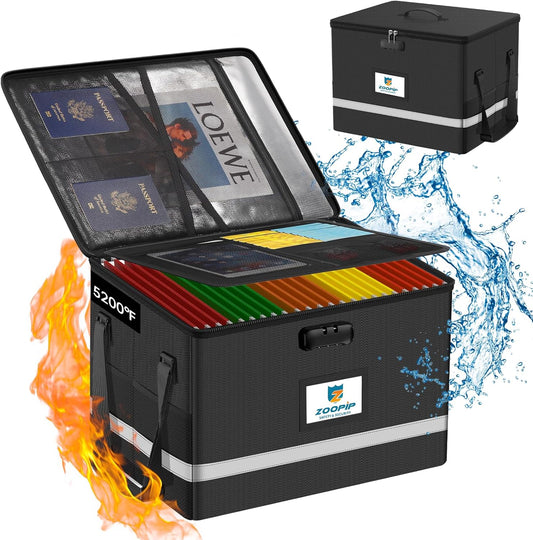 Fireproof File Box with Lock, 5200°F Document Box Storage Organizer, Suitable for Hanging File Folders in Letter Size, Collapsible Box, Reflective Strip for Fast Find (16.6*12.6*10.2, Black)