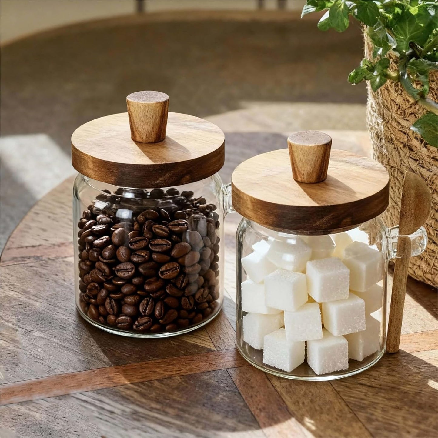 Glass Food Storage Jar with Acacia Wooden Lid and Spoon, Airtight Container for Cereals, Cookies, Snacks, Kitchen Canister Set (2 Pcs, Small/13.5oz)