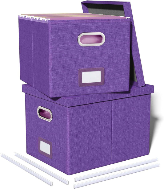 2 Pack File Storage Organizer, Filing Box, Portable File Box with Lid, Fit for Letter/Legal File Folder Storage, Document Organizer, Purple