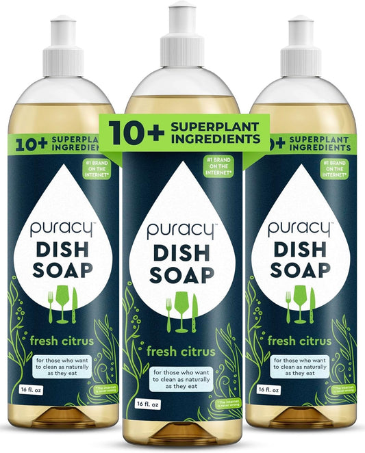 Puracy Natural Dish Soap - Skin-Softening Plant-Based Dishwashing Soap, Non-Toxic Dish Soap, Organic Liquid Dishwashing Detergent Soap (Fresh Citrus, 16 fl oz)