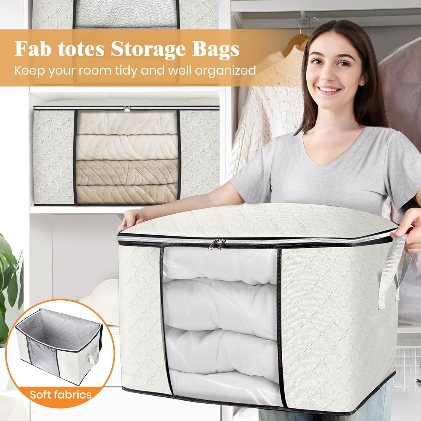 Fab totes 24 Gallons Clothes Storage, Foldable Thick Fabric Blanket Storage Bags, Containers for Organizing Bedroom, Closet, Clothing, Comforter, Organization with Handle (8 Pack,Ivory)