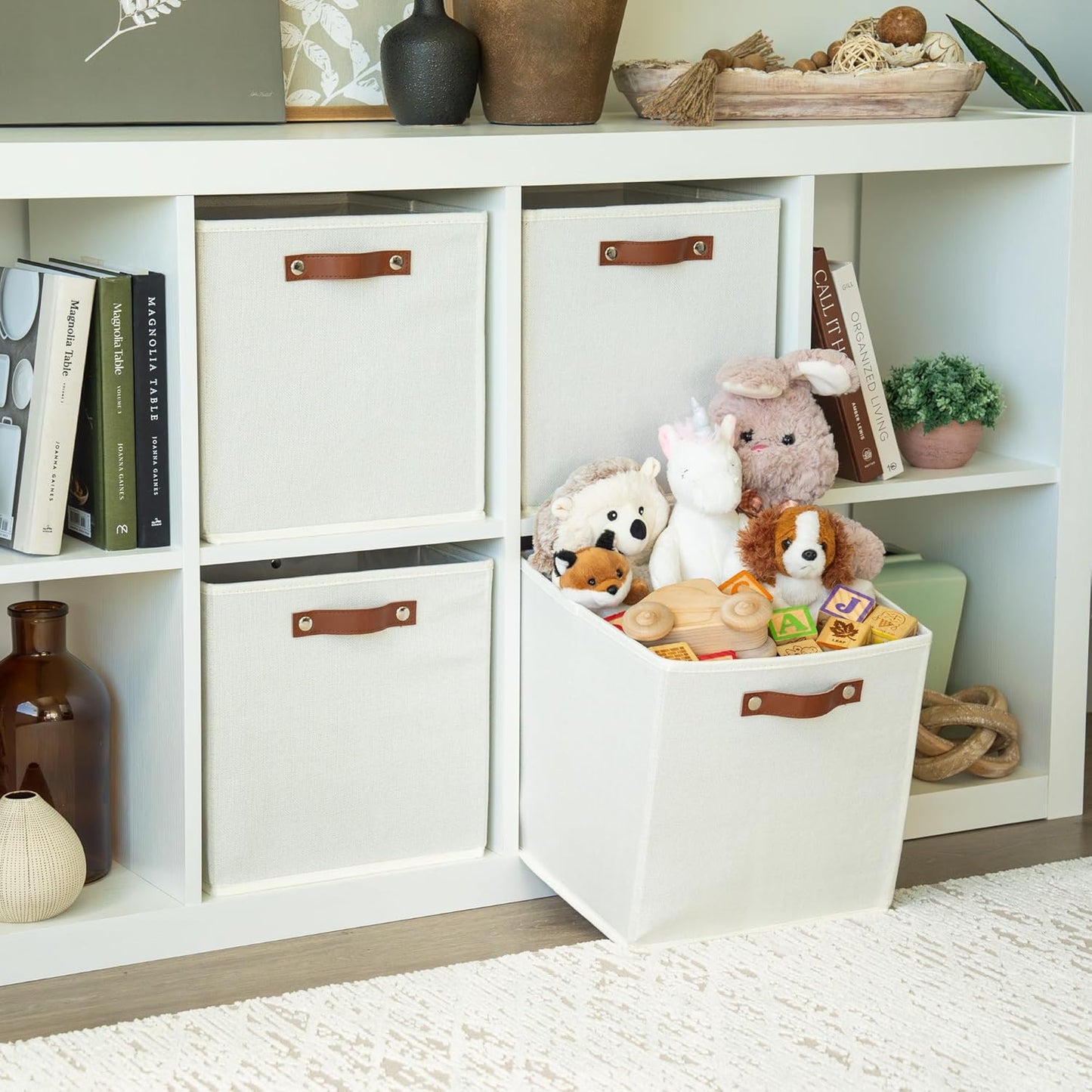 OrganiHaus White 12" x 12" x 12" Fabric Cube Storage Bins - Set of 4, Cube Fabric Organizer Bins with Vegan Handles, Kallax Storage Cubes, Cubbies Organizer Boxes, 12Inch Cubic Baskets for Shelves