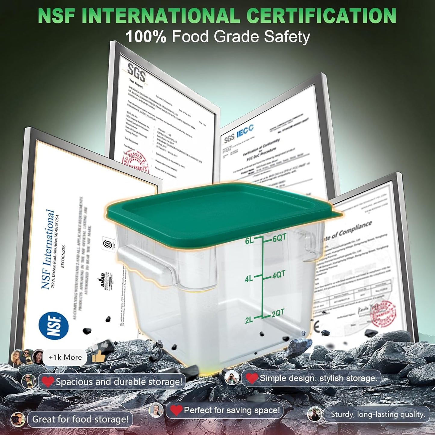 2QT&4QT NSF Food Storage Containers with Lids: 4 PCS [Total Food Grade][Hot&Cold Resistant] Commercial Clear Food Storage Containers for Restaurant Kitchen Proof Dough, Green