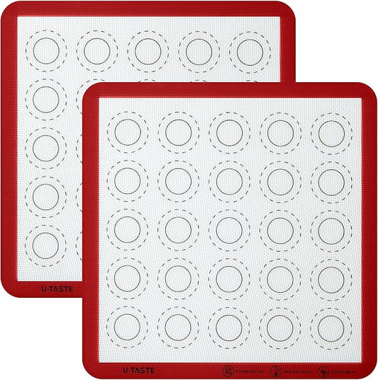 446ºF Heat Resistant Macaron Mat: U-Taste 11x11in Non Stick Silicone Baking Mat, Reusable Cookies Pastry Sheet Liner with Edge Enhancement & Circle Measurement for Square Cake Pan (2 PCS, Red)