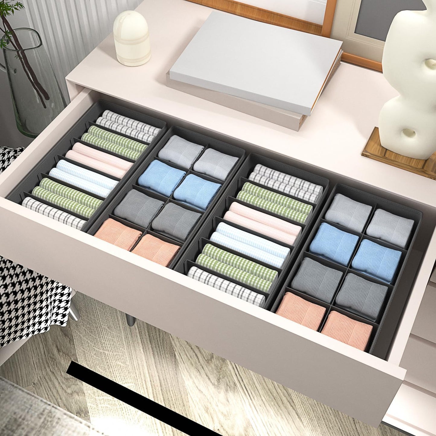 4 PACK Sock Underwear Drawer Organizer Dividers, Collapsible Cabinet Closet Storage Boxes for Clothes, Socks, Lingerie, Underwear, Tie, Belt,Bedroomedroom