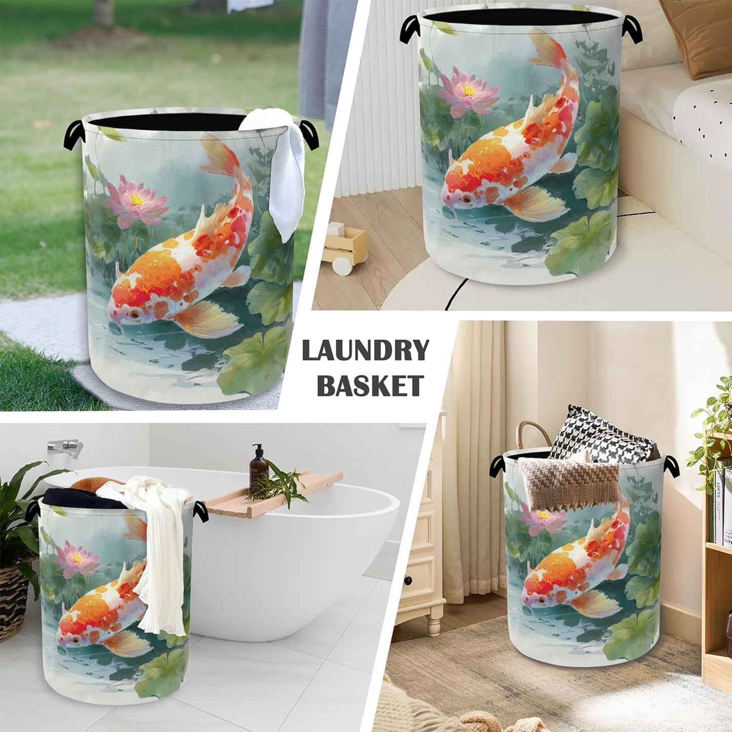 Goldfish Laundry Basket,Lotus Foldable Oxford Cloth Tote Bag Laundry Hamper Clothes Storage Bucket Organizer for Bedroom Laundry Storage Dormitories 16" x 20.8"