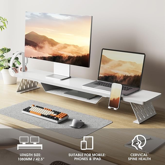 Fenge Dual Monitor Stand, 42.5 Inch Monitor Riser for Desk, Wood Desk Shelf for 2 Monitors, 2 Tier Monitor Shelf with Headphone Stand & Phone Holder