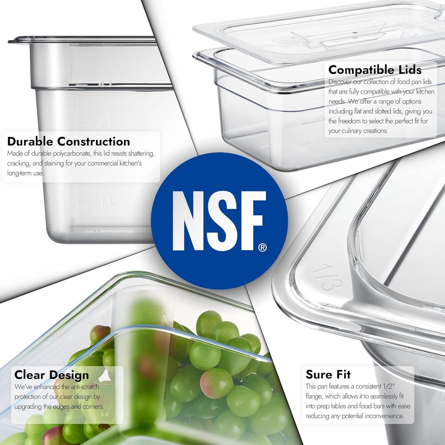CURTA 6 Pack NSF Food Pans, 1/3 Size 4 Inch Deep, Commercial Polycarbonate Plastic Clear Freezer-Safe