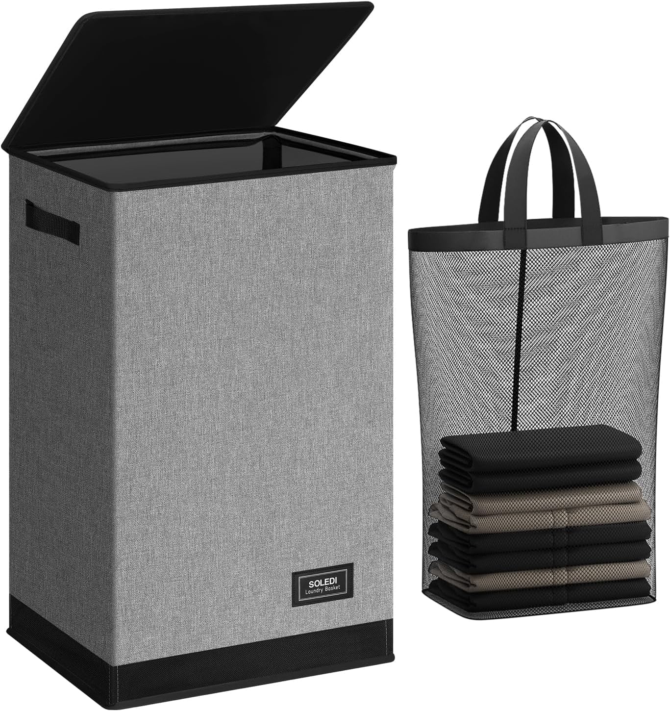 SOLEDI Laundry Hamper with Lid 90L Large & Tall Collapsible Laundry Basket, Clothes Hamper with Bag Removable Easy to Carry, Dirty Hampers for Bedroom, Bathroom, Dorm, College, Grey