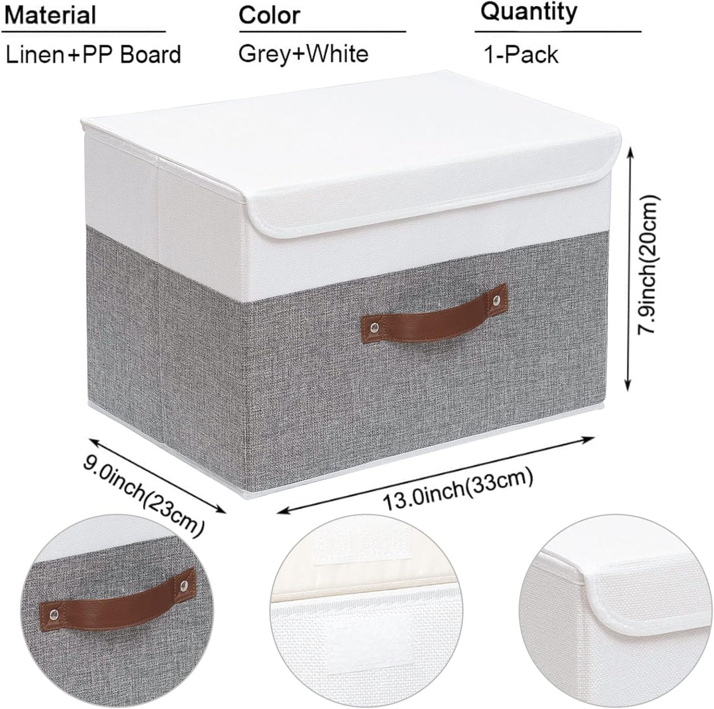 Yawinhe Collapsible Storage Bin, Cube Organizer Basket, Fabric Box with Lids, Washable and Leather Handle, for Home, Closet, White/Grey, 13.0''Lx9.0''Wx7.9''H, 1-Pack, SNK024WGS-1