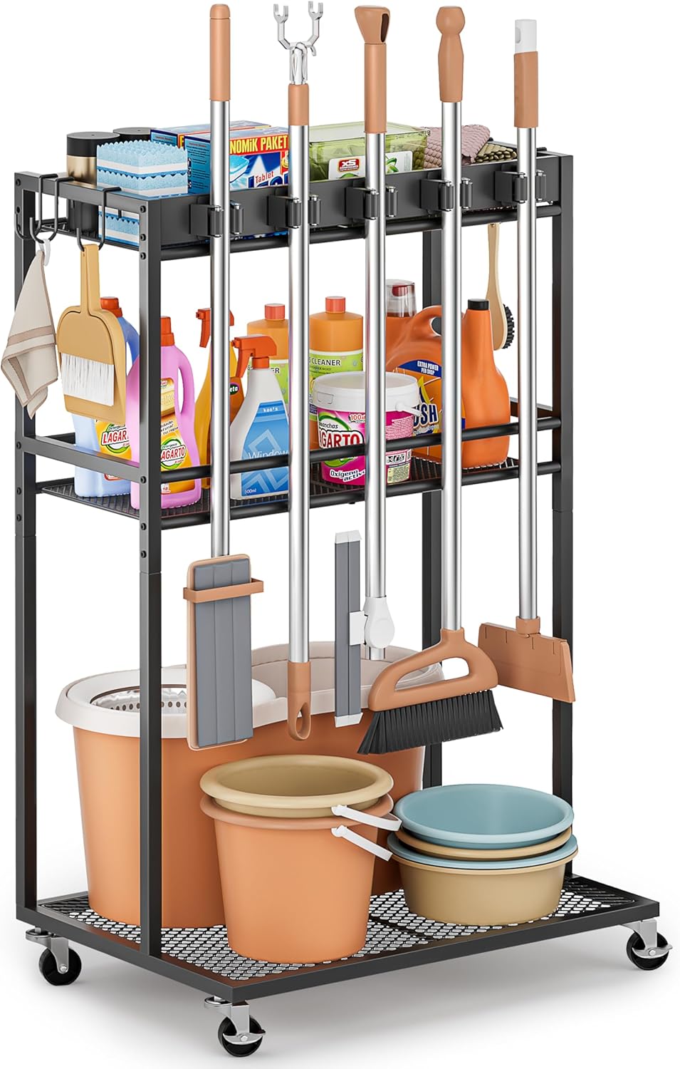 Broom Holder with Cleaning Supplies Organizer, Broom Closet Storage Cabinet with Mop Hanger Gripper Rack Hooks, Cleaning Housekeeping Janitorial Cart with Cleaning Caddy, Laundry Room Organization