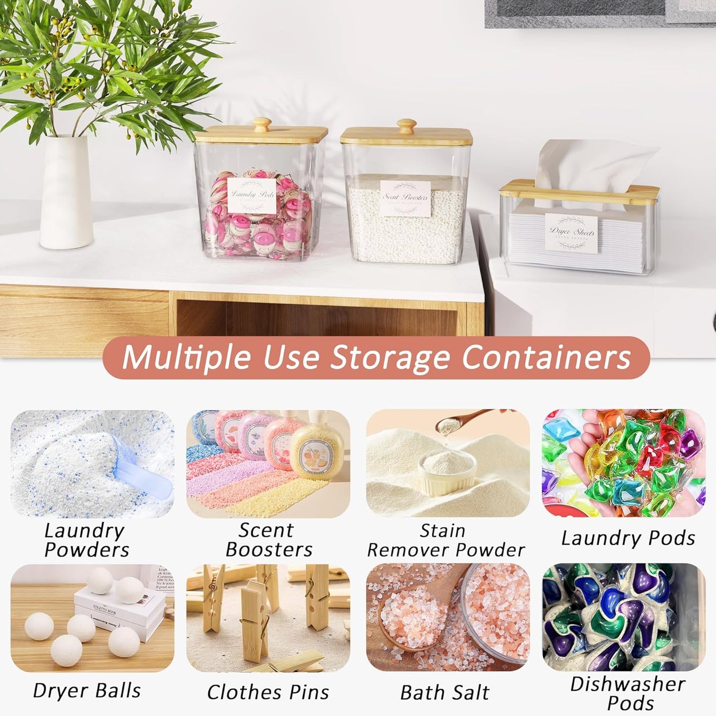 Laundry Room Organization and Storage, Laundry Pods Container and Dryer Sheet Holder with Bamboo Lids and Labels, Laundry Organizer with Scoops for Booster Beads, Powder, Pods, 2+1 Pack