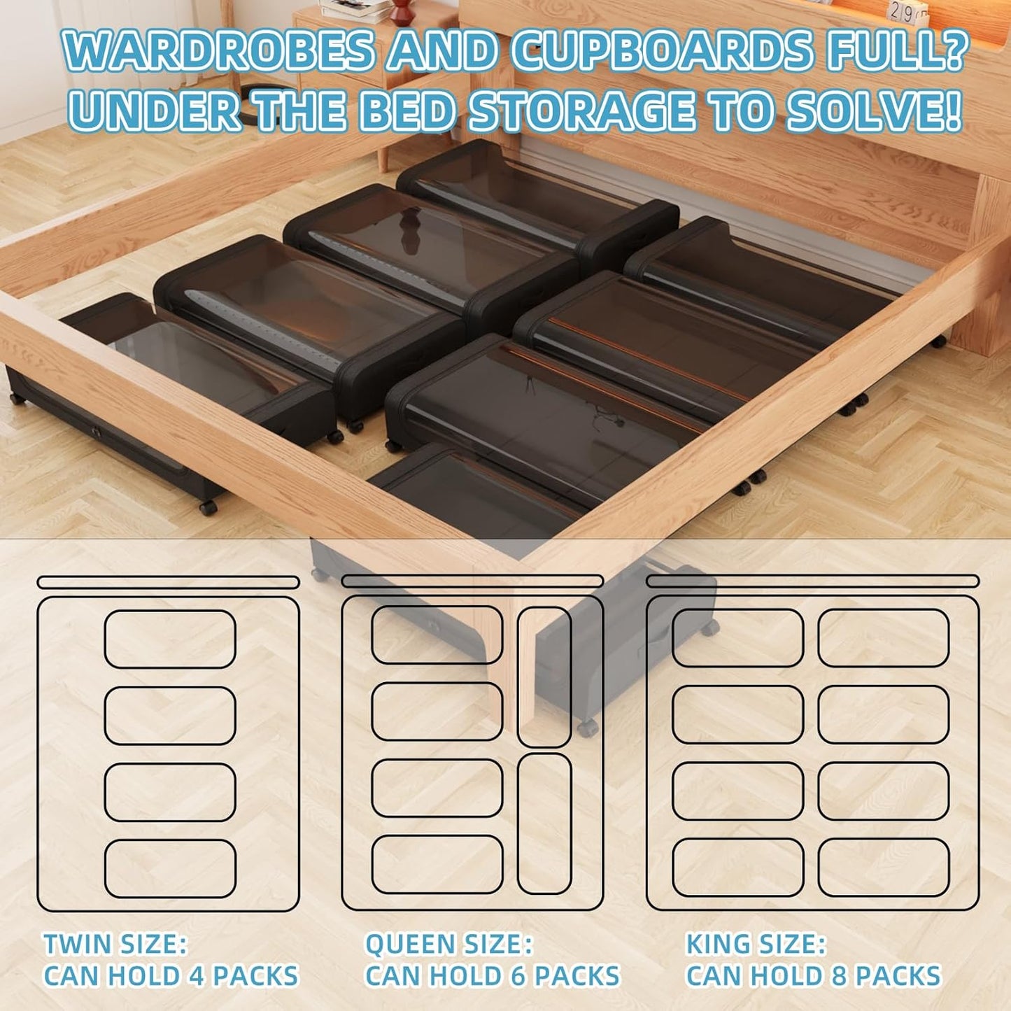 Under Bed Storage Containers, Under Bed Shoe Storage With Wheels, Bedroom Storage Organization with Handles, Under Bed Storage Bins Drawer For Clothes, Blankets And Shoes, Bedding