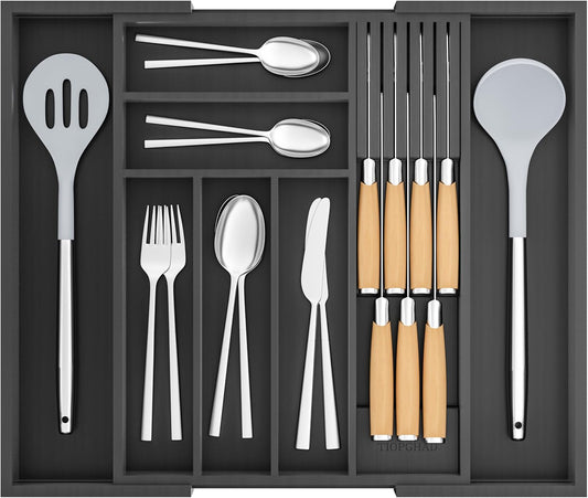 Bamboo-Silverware-Drawer-Organizer-Kitchen, Expandable Utensil Holder Cutlery Tray Flatware Organization Adjustable Wood Tableware Dividers Storage (with Removable Knife Block)(Black)