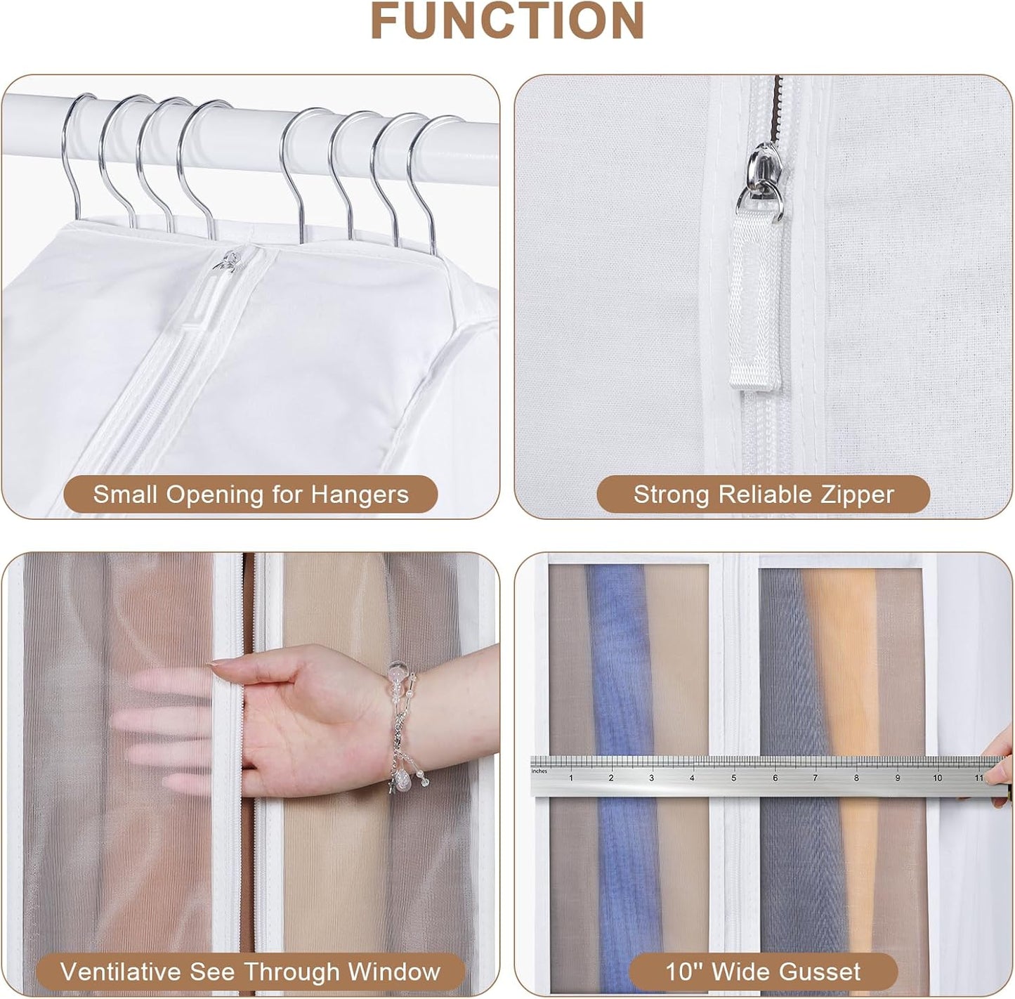 Kntiwiwo 43" Cotton Garment Bag for Hanging Clothes and Storage, Breathable Suit Bags for Closet Storage with 10" Gusseted & Large Clear Window for Suits, Short Dresses, Jackets, Sweaters, 3 Pack