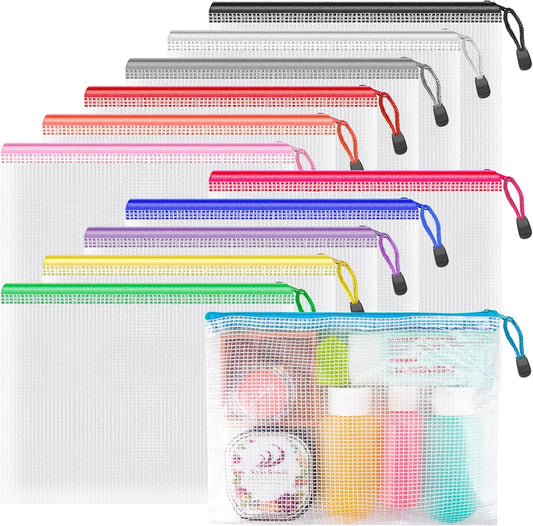 Umriox Small Zipper Pouch, 9.5x7.1 in (12 Colors, 12 Packs), Mesh Bags with Zipper for Office Supplies Travel Accessories