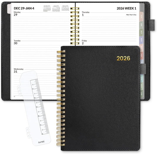 SUNEE 2026 Weekly & Monthly Planner 6.4"x8.5"- 12 Month (January 2026 - December 2026), Vegan Leather Cover, Pocket, Bookmark, Notes, Monthly Tab, Black
