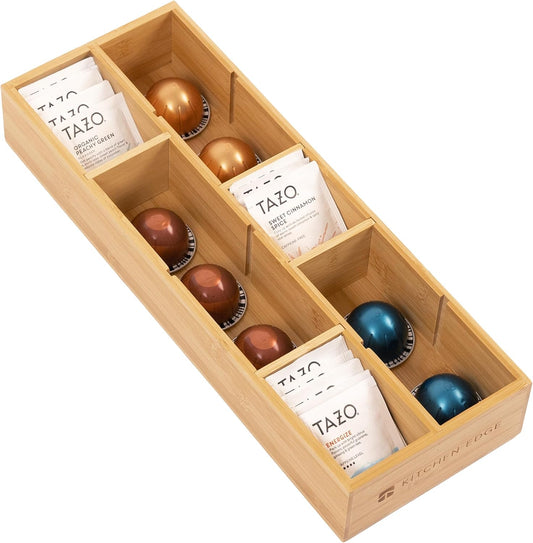 KitchenEdge Premium Tea Bags and Coffee Pods Drawer Organizer – Small 9-Compartment Design with Removable Wall Inserts, Non-Slip Feet, 100% Sustainable Bamboo