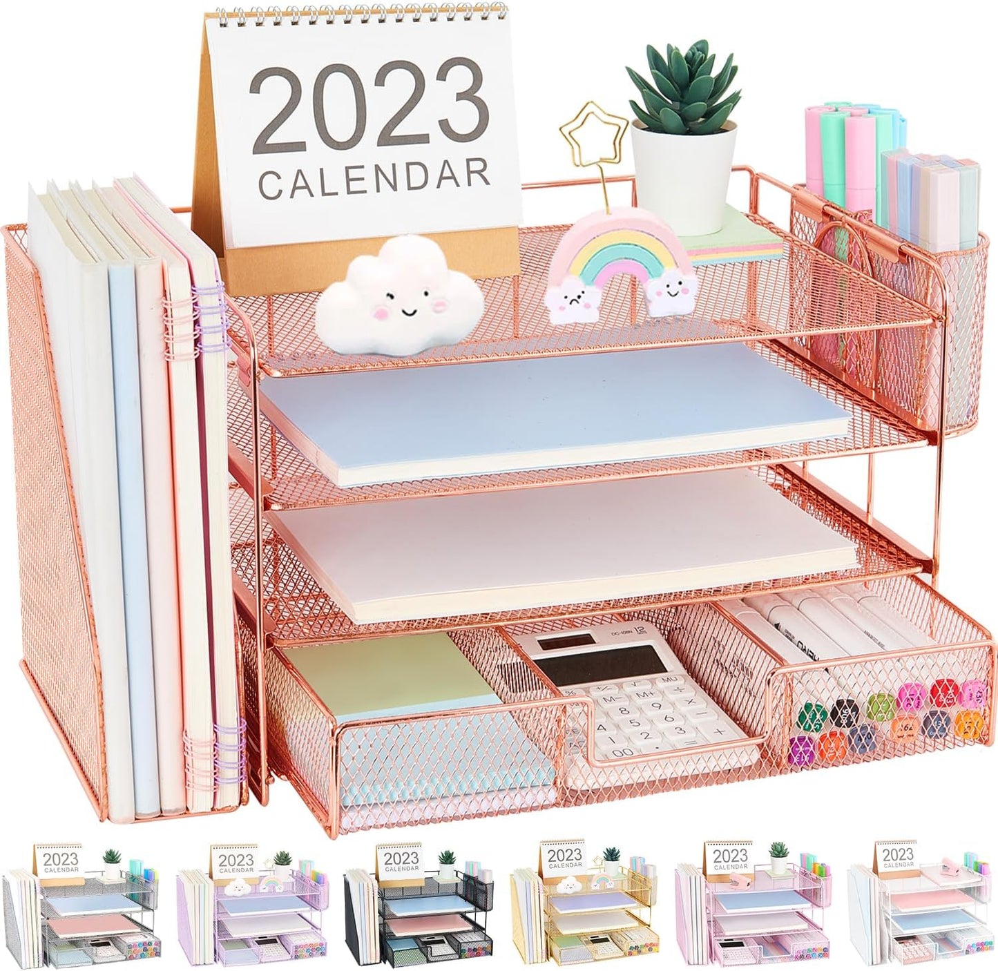 Desk Organizer and Accessories, 4-Tier Desktop File Organizer with Drawer and 2 Pen Holders, Office Desk Accessories, File Sorters, Workspace Organizers for Office Supplies(Rose Gold)