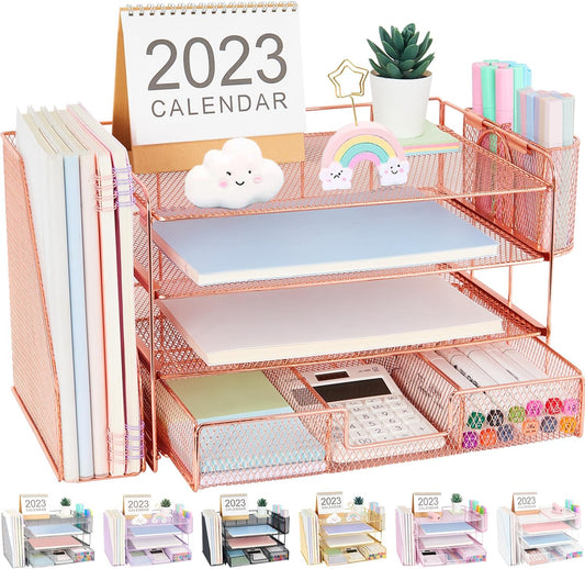 Desk Organizer and Accessories, 4-Tier Desktop File Organizer with Drawer and 2 Pen Holders, Office Desk Accessories, File Sorters, Workspace Organizers for Office Supplies(Rose Gold)