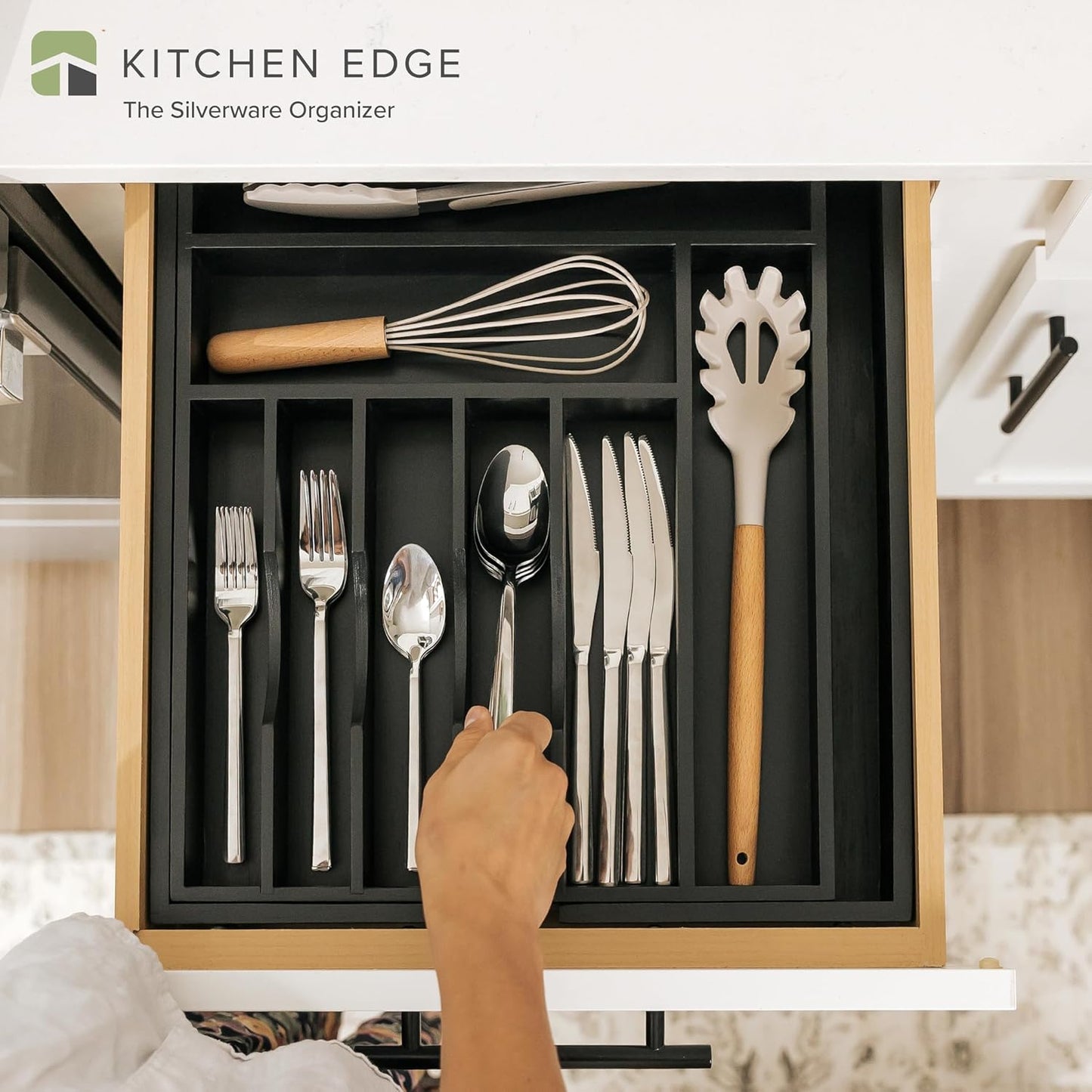 KitchenEdge Premium Silverware, Flatware and Utensil Organizer for Kitchen Drawers, Food-Safe Contract Grade, Expandable from 14.5 to 25 In, Black Bamboo