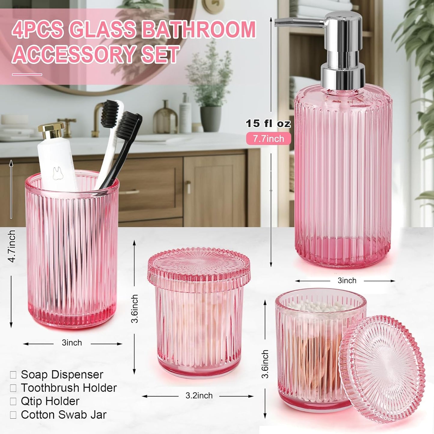 Pink Bathroom Accessories Set, 4 Pcs Glass Bathroom Accessory Set, Pink Soap Dispenser and Toothbrush Holder Set, Qtip Holder Set, Vintage Bathroom Sink Set, Cute Bathroom Decor