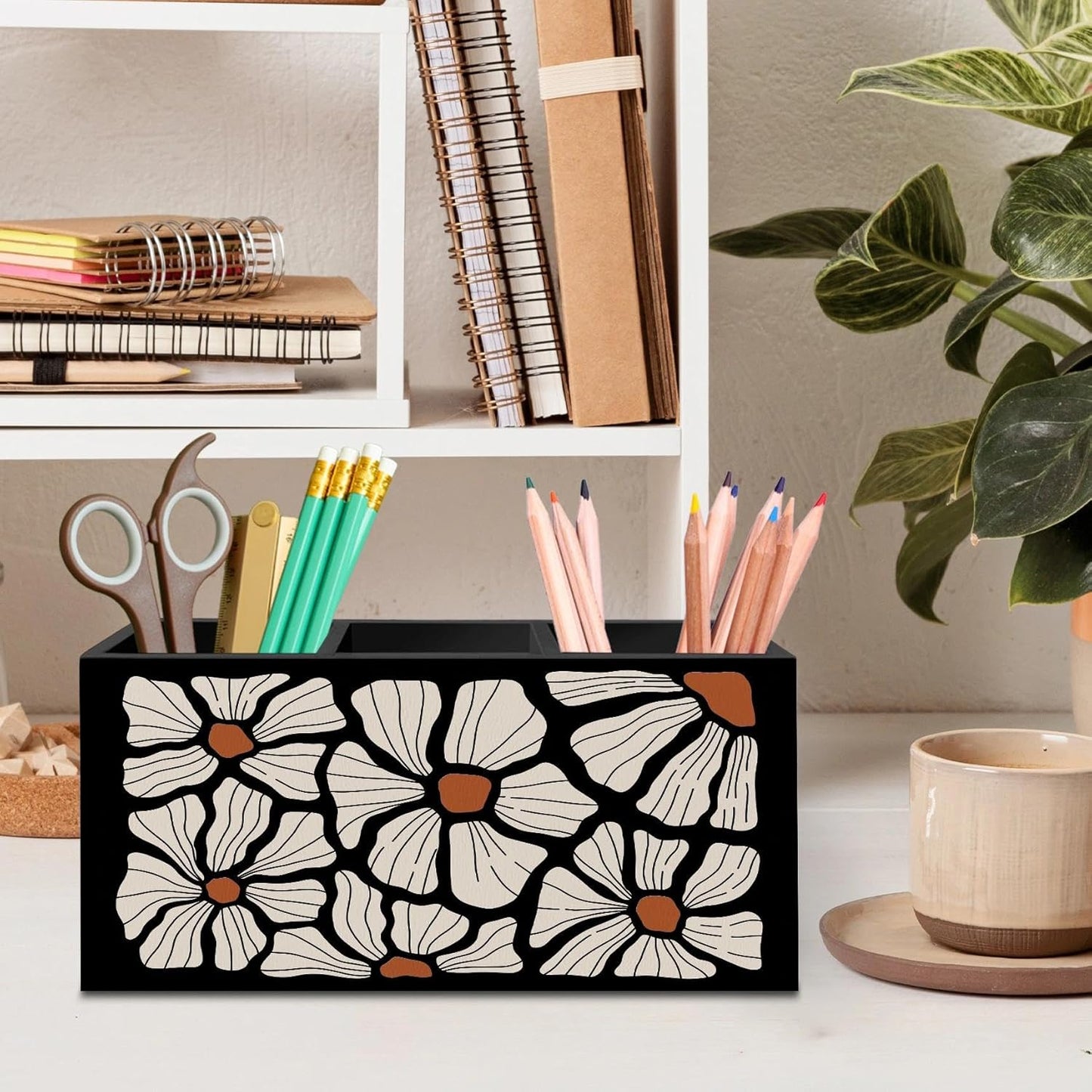 DILSJ Boho Abstract Floral Pen Pencil Holder Organizer for Desk, Boho Office Decor, Black and Beige Abstract Flower Wooden Box Signs for Home Office Desk Tabletop Decoration