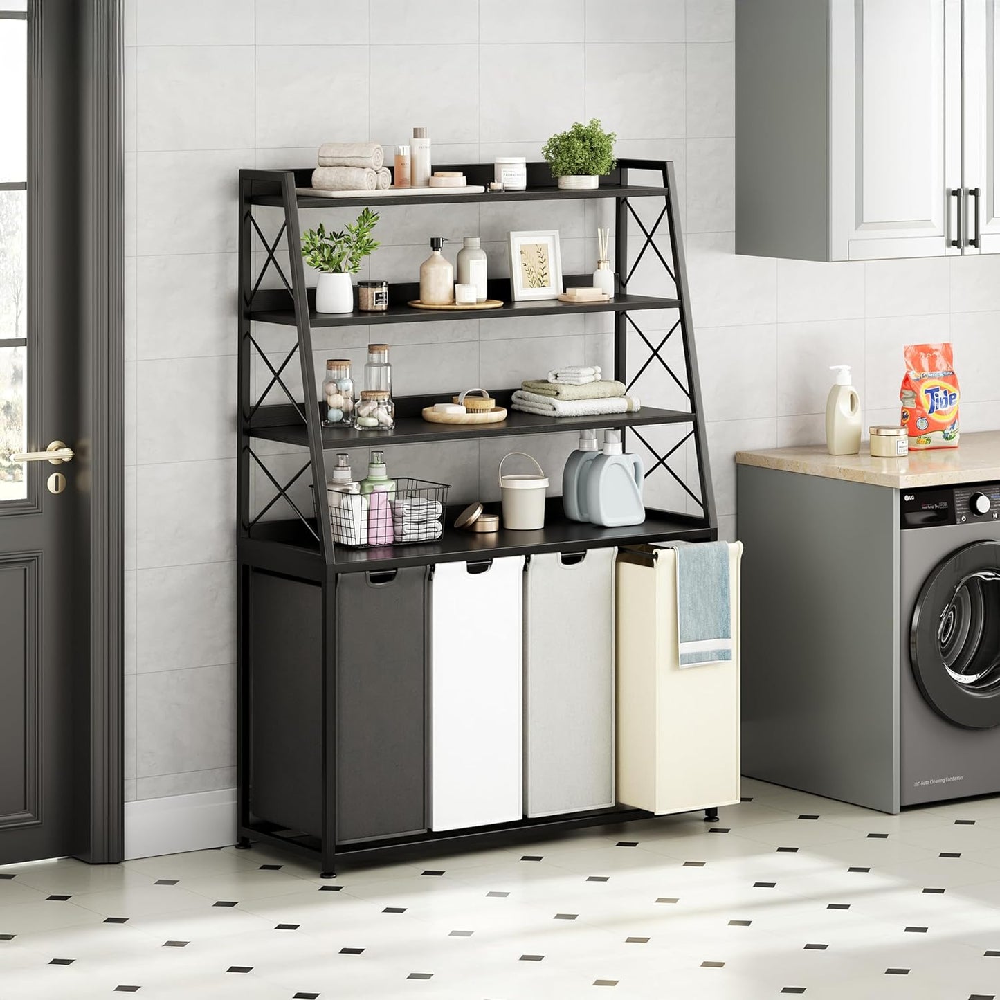 Laundry Basket, 4 Section Laundry Hamper with 4 Tiers Shelf, Pull-Out and Removable Laundry Bags, Large 4 x 15.87 Gallons, for Laundry Room Bathroom Black PF12XLK