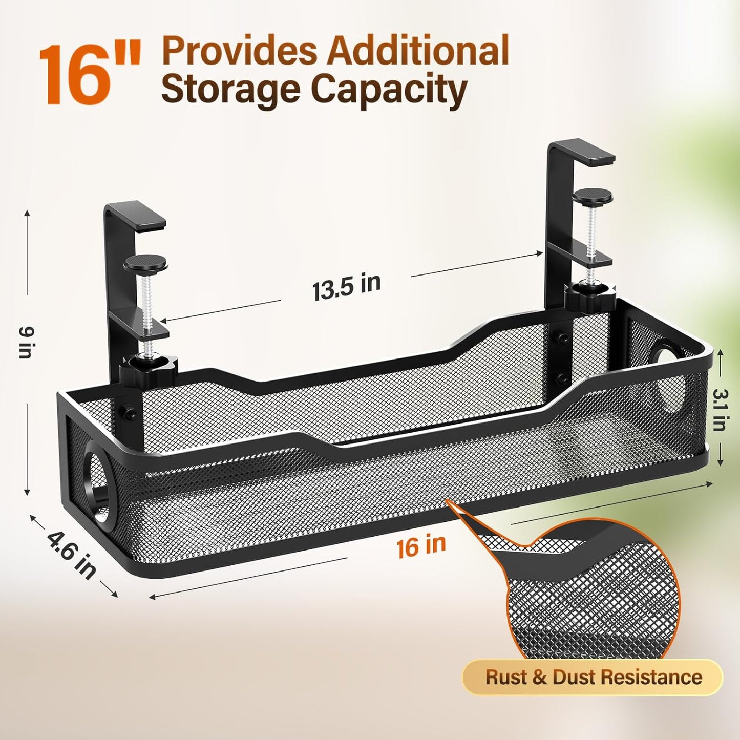 [Upgraded] 2 Pack Under Desk Cable Management Tray, Cinati Cord Organizers for Table Thickness up to 3", 16" Wire Organization with Clamp No Drill, Cable Management Box for Office - No Damage to Desk