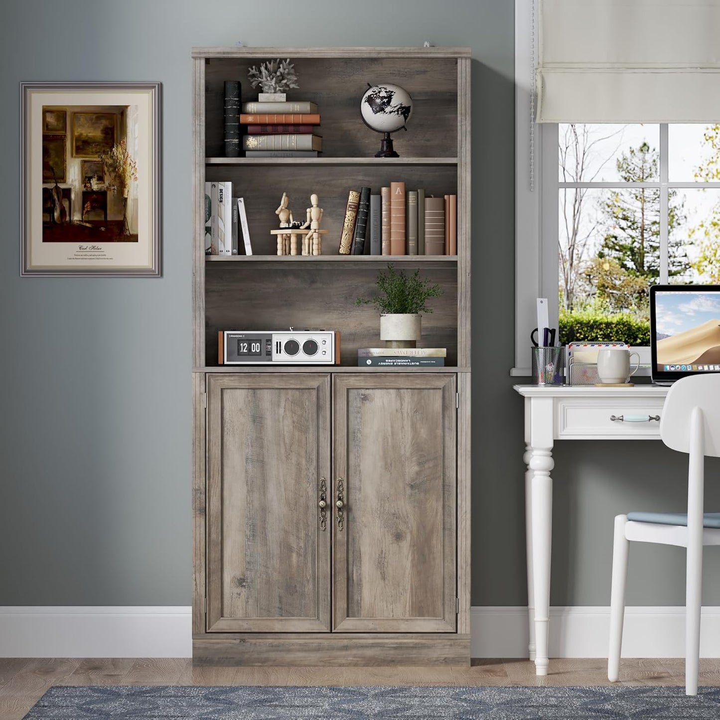 71.4" Tall Bookshelf with Cabinet, 5-Tier Floor Standing Bookcase with Doors & Adjustable Shelves, 31.5" Wide Storage Shelf, Metal Handles, Modern Organizer for Home Office, Living Room