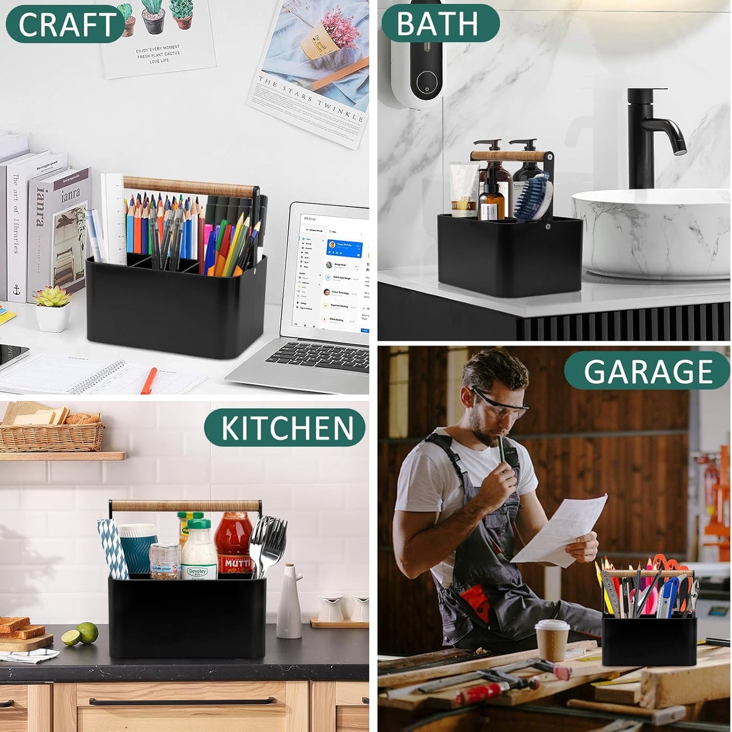 Portable Shower Caddy Dorm: Bathroom Caddy Organizer with Handle and Adjustable Dividers,Plastic Shower Basket for Toiletry,Makeup,Vanity,Shower Storage Tote for College, Cleaning Caddy, Black